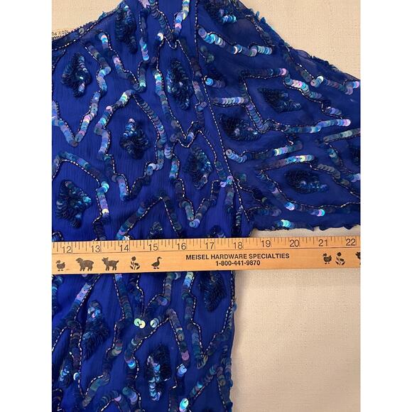 O.R. Silk Dress‎ Women's Small Blue Beaded Sequin Evening Cocktail Dress Vintage - Picture 14 of 15